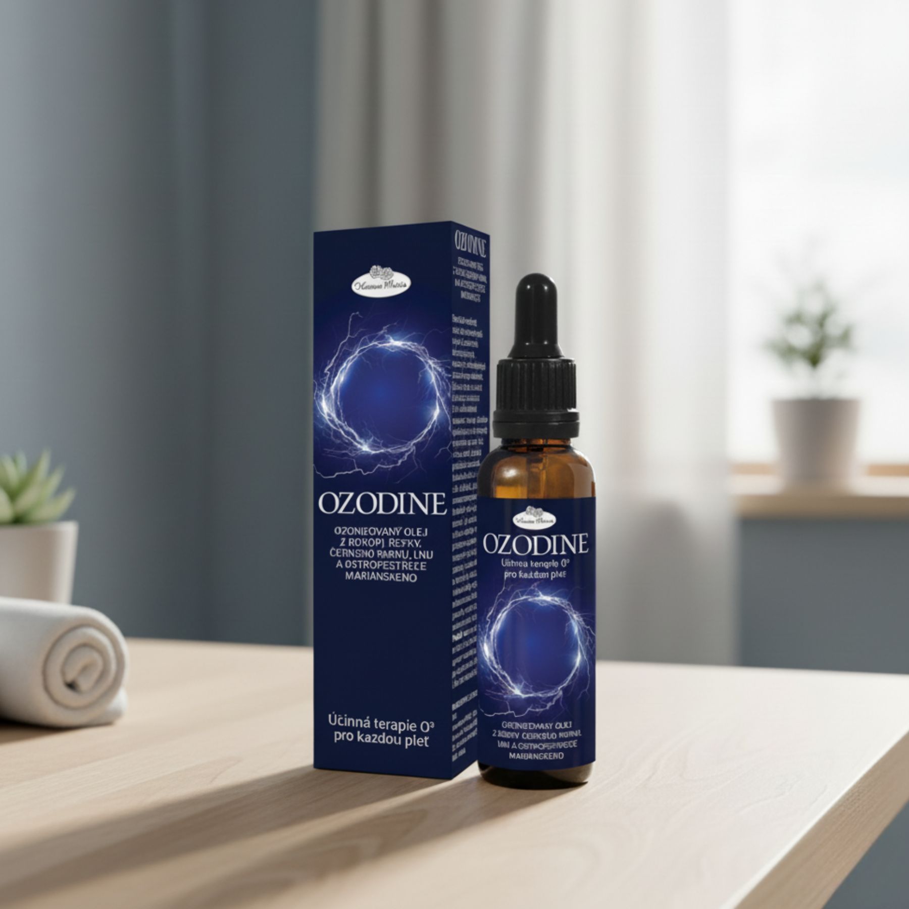 Láhev ozonizovaného oleje na dřevěném stole s kapkami oleje